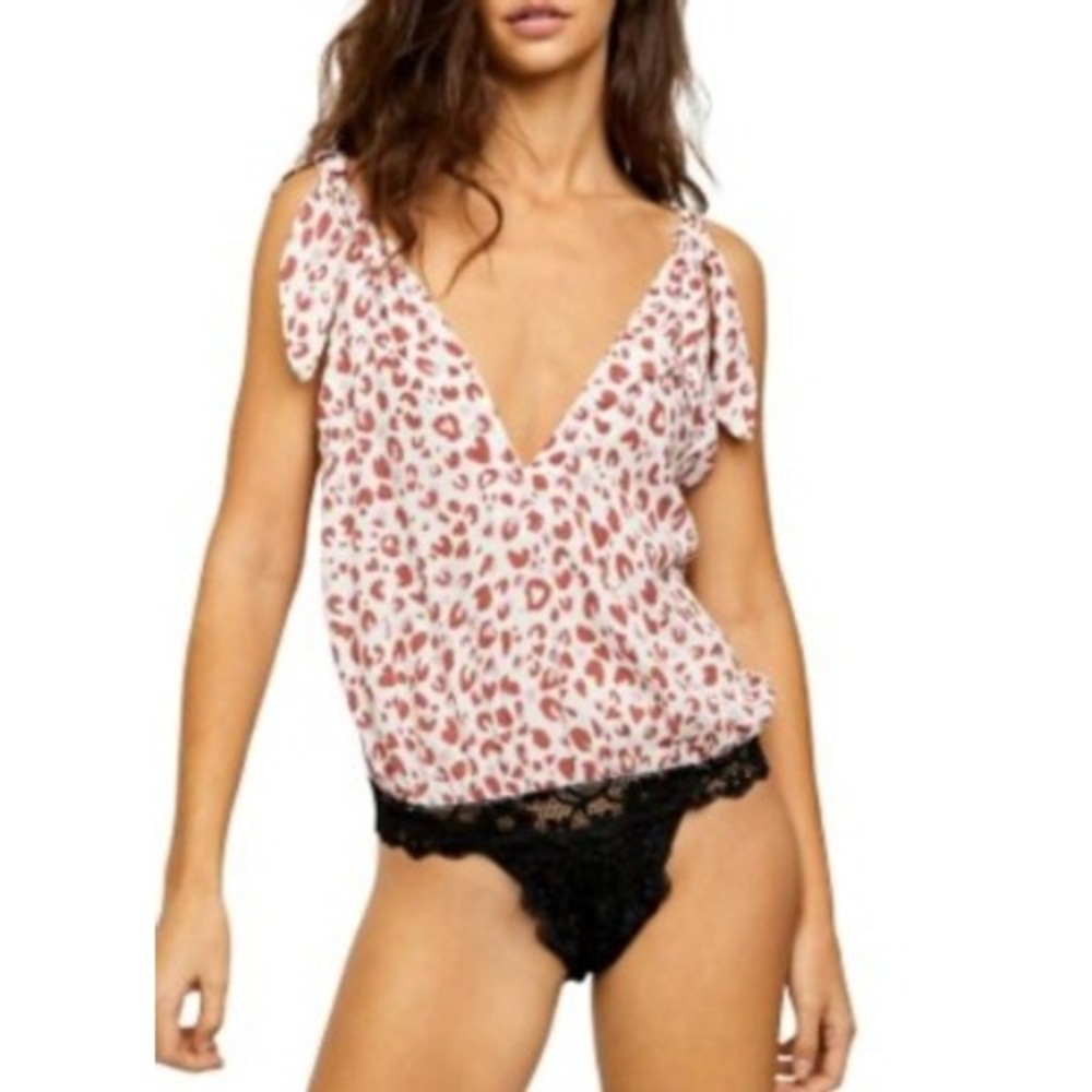 Intimately Free People Pink Leopard Print‎ Tie Strap Lace Thong Bodysuit Small